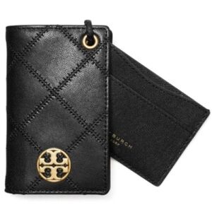 New Tory Burch Black Quilted Wallet / Lanyard - Gold Accent